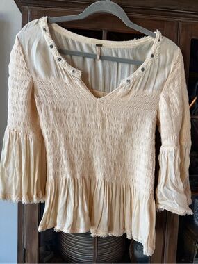 Free People Cream Smocked Peplum V-Neck Top with Bell Sleeves